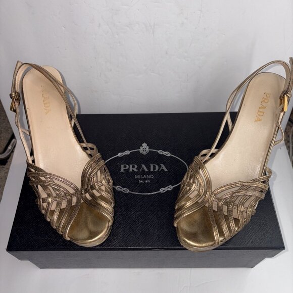 Vintage Prada Heels Gold Slingback Size EUR 37 US 7 with Box & Shoe Bags - Picture 5 of 16